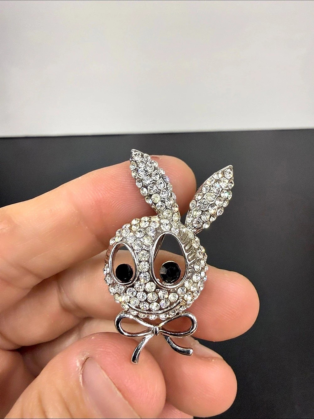 Rhinestone Bunny Rabbit Brooch Silver Tone Bow Tie Costume Jewelry Pin